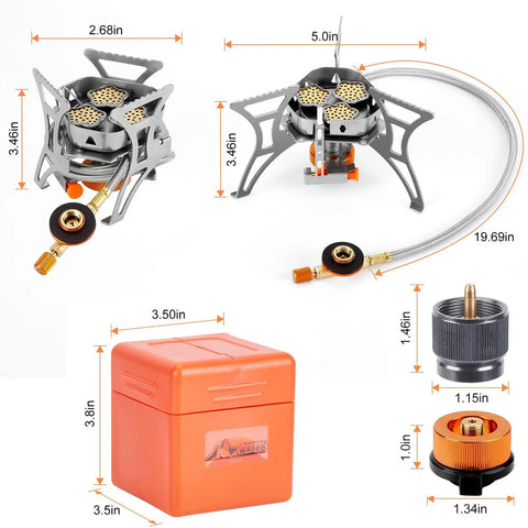 Powerful 6800W Windproof Camping Stove with accessories, piezo ignition, and canister adapters, compact design perfect for hiking.
