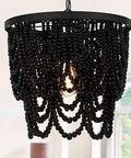 Wood Bead Chandelier 15 Inch Two Tier Pendant Light Black Semi Flush Mount Height Adjustable Rustic Antique Ceiling Fixture For Living Room Bedroom Kitchen Hallway