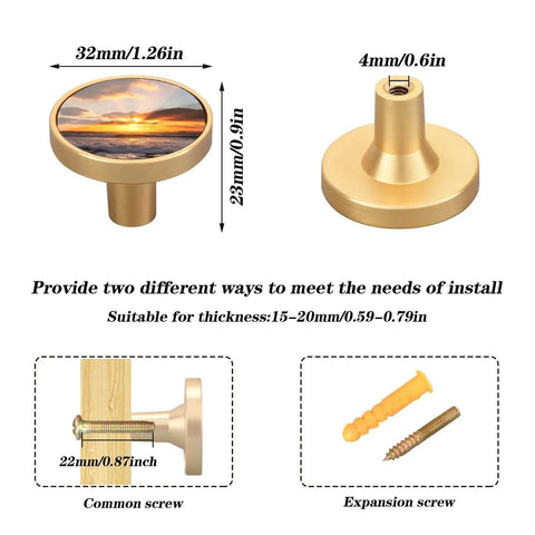 Sunset Ocean Gold Cabinet Knobs 2 In 1 Acrylic Drawer Pulls featuring a sunset design, 32mm diameter and 23mm height.