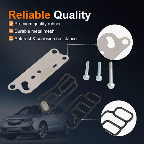 Beefed Up VTEC Solenoid Gasket Filter Kit For Acura RDX 2013 2014 2015 And Honda Accord Crosstour 2010 2011 2012 2013 2014 2015 3.5L V6 Engine Includes 15810R70A03 15810R70A04 15815R70A01 15845R70A01 Cylinder Head VVT Spool Valve Gasket Replacement, showing gaskets and bolts.
