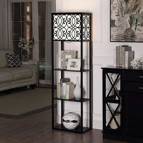 Floor Lamp With Shelves And Storage Corner Tower Bookshelf Style Light For Bedroom And Living Room Black Finish
