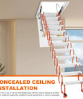 Electric Pull Down Attic Ladder Featuring Rock Solid Folding Design For Smooth Ceiling Access And Super Hella Strong Loft Stairs Supporting Over Five Hundred Pounds Safely Plus Top Tier Indoor Home Setup, concealed installation.