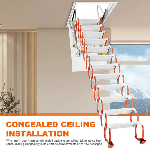 Electric Pull Down Attic Ladder Featuring Rock Solid Folding Design For Smooth Ceiling Access And Super Hella Strong Loft Stairs Supporting Over Five Hundred Pounds Safely Plus Top Tier Indoor Home Setup, concealed installation.