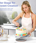 Baker using Heavy Duty Aluminum Cake Turntable With Anti Slip Surface Ohuhu 12 Inch Rotating Decorating Stand for icing a cake
