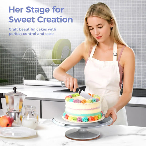 Baker using Heavy Duty Aluminum Cake Turntable With Anti Slip Surface Ohuhu 12 Inch Rotating Decorating Stand for icing a cake