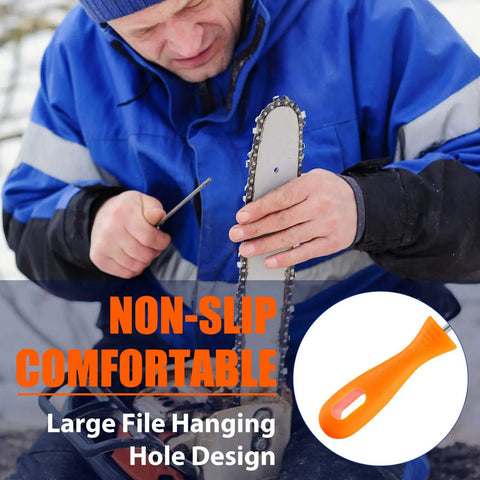 Man using Three Piece Chainsaw Chain Sharpening File Set With Round Steel Files And Plastic Handle Includes Five Thirty Second Inch, Seven Thirty Second Inch, And Three Sixteenth Inch Sizes For Fast, Precise Chain Maintenance on chainsaw.