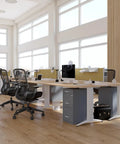 Office with desks, chairs, and a Three Drawer Vertical File Cabinet for Office Lockable and Mobile Holds Letter Size Documents Charcoal Steel Organizer 18.9 Inches Deep by 14.3 Inches Wide by 26.8 Inches High A Trusted Workhorse for Papers and Folders under the desk.