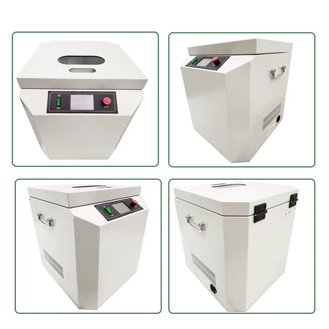 Fully Automatic Solder Paste Cream Mixer For Tin Paste And Cream Centrifugal Agitator Mixer With Adjustable Timer Pro Grade Solder Paste Mixing Machine For Precision PCB Assembly RPM Range From Three Hundred To One Thousand Two Hundred, shown in different angles with control panel and observation window.