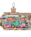 Slim PU Leather Key Wallet For Men And Women with RV camping design, keychain pouch, flamingo chairs, and fire pit.