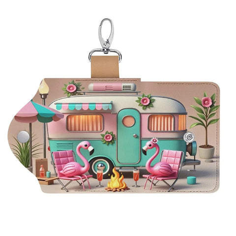 Slim PU Leather Key Wallet For Men And Women with RV camping design, keychain pouch, flamingo chairs, and fire pit.