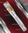 Angled front view of a metal-bodied fiber visual fault locator pen with red light and protective cap.
