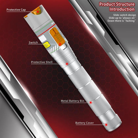 Angled front view of a metal-bodied fiber visual fault locator pen with red light and protective cap.
