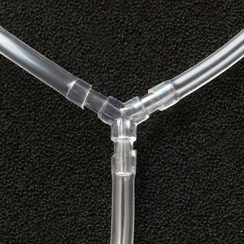 Close-up of Pro Grade Aquarium Airline Tubing Connectors Set 40 Pack No Fuss Y T L I Adapters For 3 16th Inch Air Lines connected in Y shape.