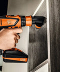 Battle Ready Heavy Duty Cordless Drill Driver Featuring Four Speed Rugged Metal Gearbox Brushless Motor Maximum Torque Output For Wood Metal Plastic Projects in use on panel.