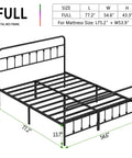 Zero Creak Full Size Metal Bed Frame With Heavy Duty Steel Construction Headboard And Footboard Ready, dimensions displayed.