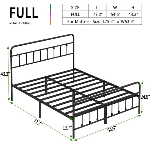 Zero Creak Full Size Metal Bed Frame With Heavy Duty Steel Construction Headboard And Footboard Ready, dimensions displayed.