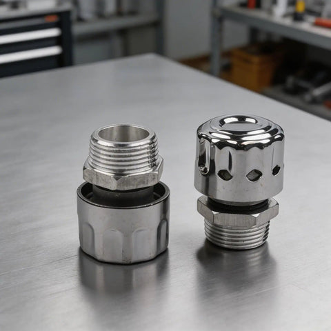 Heavy Duty 40 Micron NPT Hydraulic Tank Breather Cap 2 Pack. Aluminum alloy vent filter caps on metal work surface.