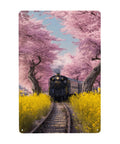 Vintage Steam Train Tin Sign With Cherry Blossom Tunnel And Yellow Wildflowers, 8x12 Inch Metal Plaque, outdoor wall decor