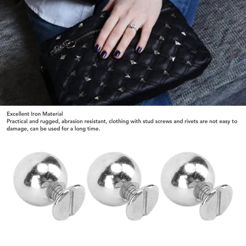 Set Of 50 Round Rivet Kits With Solid Iron 8mm Ball Rivets And 6mm Screws Multifunction Leather Studs For Clothing And Craft DIY Gear For Garment Embellishments Silver Finish, closeup of silver rivets and screws.