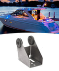 Heavy Duty Transducer Mounting Bracket In Rustproof Stainless Steel For Transom And Stern Mounts Beefy Saltwater Ready Marine Hardware Kit For XNT Si G2N Transducer displayed in front of a yacht at sunset.