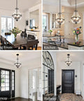 Crystal Four Light Chandelier Black Farmhouse Pendant Fixture in dining room, kitchen, entryway, and hallway settings