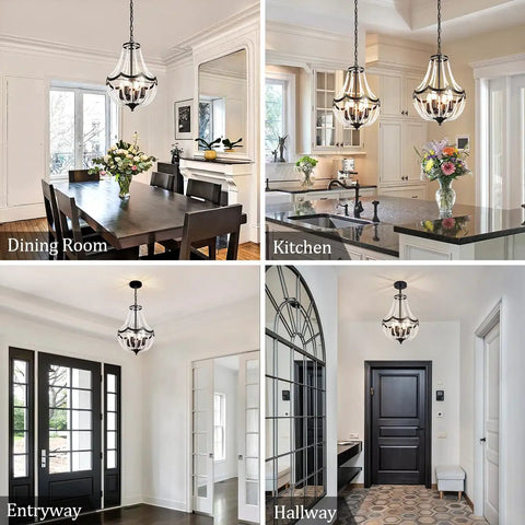 Crystal Four Light Chandelier Black Farmhouse Pendant Fixture in dining room, kitchen, entryway, and hallway settings