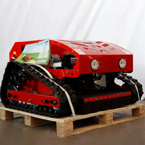Automatic Remote Control Lawn Mower With Multifunction Mowing Robot on pallet, red with tracks for all terrain grass on 45 degree slopes