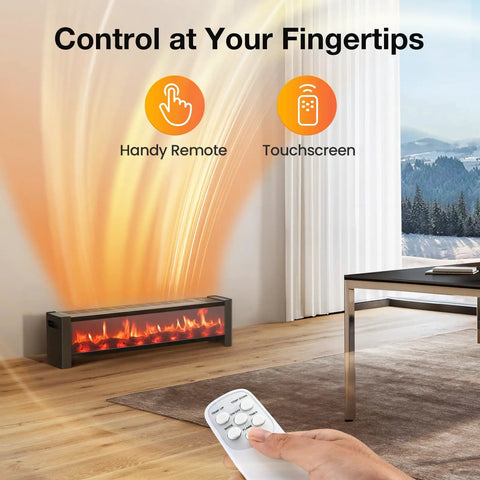 33 Inch Baseboard Heater 1500 Watts Delivering Straight Fire Warmth Via Wide Top Air Outlet And Smart Remote Thermostat in cozy living room.