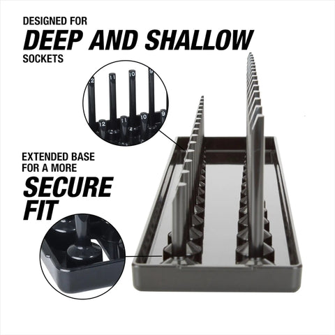 3/8 Inch Metric Socket Organizer With Dual Rail For Deep And Shallow Sockets, Holds 6 mm To 20 Mm, Labeled Posts