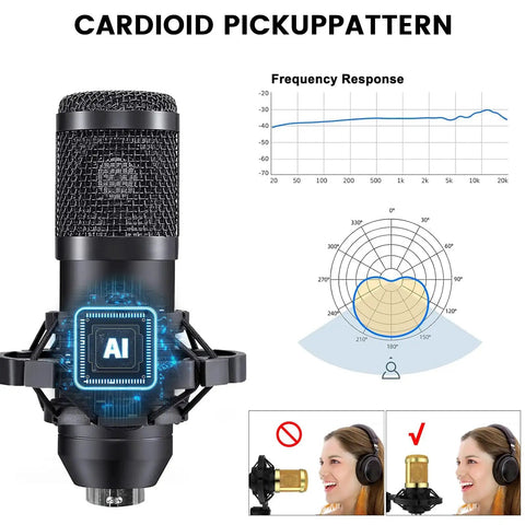 Two-Mic Podcast Studio Bundle with BM800 cardioid condenser mic, frequency response chart, and correct usage illustration.