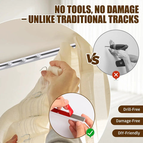 Self Adhesive Ceiling Curtain Track 9.8 Ft Flexible Cuttable No Drill Curtain Rail Stick On Ceiling Mount Curtain Rod For Room Divider Window Closet RV Includes Hooks And Clips, drill-free ceiling install