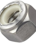 Close-up of Tough As Nails 18-8 Stainless Steel Lock Nuts Pack Of 100 Nylon Insert Self Locking Hex Nut 5/16-18 with visible threads.