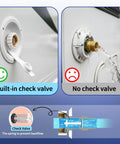 Two-view RV water inlet: left shows built-in check valve with white handle; right shows brass inlet without valve.