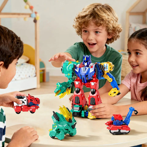 Kids playing with Six In One Magnetic Dinosaur Robot Toys For Kids Ages Three To Eight Transforming Dino Construction Trucks