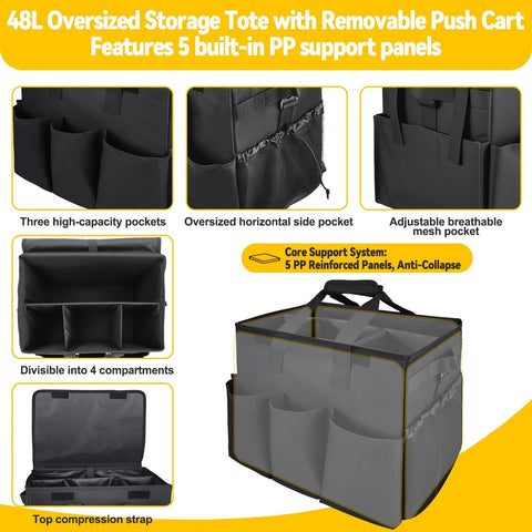 48L oversized storage tote with removable push cart, featuring three high-capacity pockets, horizontal side pocket, and adjustable breathable mesh pocket.