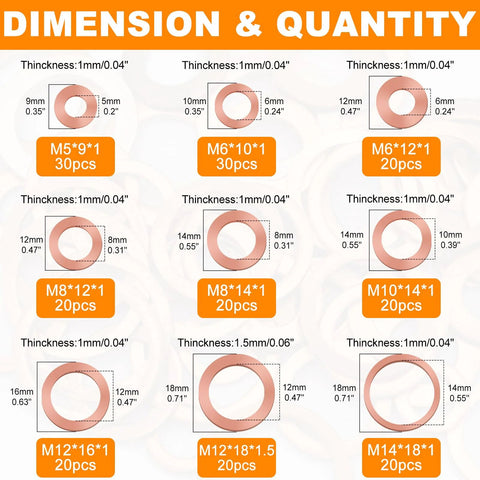 Copper flat sealing washers assortment kit, 200pcs in 9 sizes (M5–M14) for oil seals and fittings