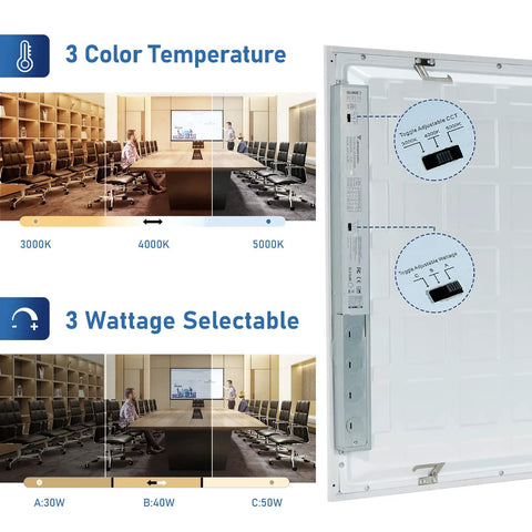 Six Pack 2X4 Led Flat Panel Drop Ceiling Lights With 30W 40W 50W Selectable Wattage And Tunable White Cct Switchable For A Dead Simple Setup And Big League Brightening Effect