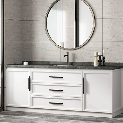 Bathroom vanity with 10 Pack Black Cabinet Handles 6-1/4 Inch Long Modern Drawer Pulls For Cabinets, sleek black finish.