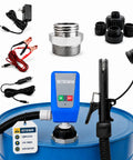 Workhorse Electric Drum Pump With Auto Shutoff Sensor And Dripless Nozzle For Def Diesel Kerosene Antifreeze showing complete kit and accessories.