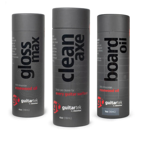 Complete Guitar Care Kit And Clean Polish Set With Fretboard Conditioner Three Premium Microfiber Cloths Zero Grease Formula includes gloss max and clean axe bottles.