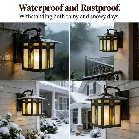 Vintage Tiffany Style Outdoor Wall Light With Stained Glass Shade For Hallways And Balcony Vibe Classic Exterior Wall Sconce Lighting E27 Socket 110V 23 By 28 By 20 Cm installed on house exterior during snowfall and rain