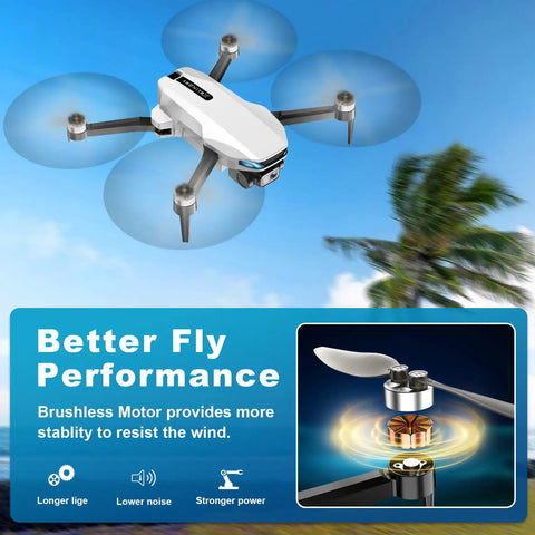 2K HD GPS Drone With Real Time 5G FPV Transmission Auto Return Follow Me Circle Fly Waypoint Fly Optical Flow Foldable Brushless Quadcopter displayed in flight over tropical background.