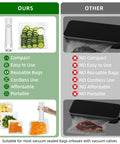 Comparison of Handheld Food Vacuum Sealer That Keeps Food Fresh Up To Ten Times Longer With Powerful Suction And One Touch Seal Compact Portable Vacuum Sealer Machine Includes 30 Reusable Bags Cut Waste And Save You Some Dough On Groceries with traditional sealer on green and gray background