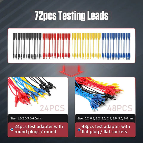 72 piece test leads set with 24 round plugs and 48 flat plugs in various sizes for automotive electrical diagnostics.