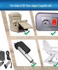 Components of Beefy 29V 2A Dual Motor Power Supply Kit for recliners and lift chairs, including AC cord and Y-splitter bundle.