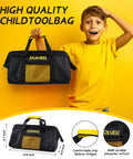 Kids Tool Set With Real Metal Hand Tools Includes Hammer Wrench Pliers Level Tape Measure Clamps Screwdrivers Safety Goggles And Tool Bag shown with child holding black and yellow tool bag