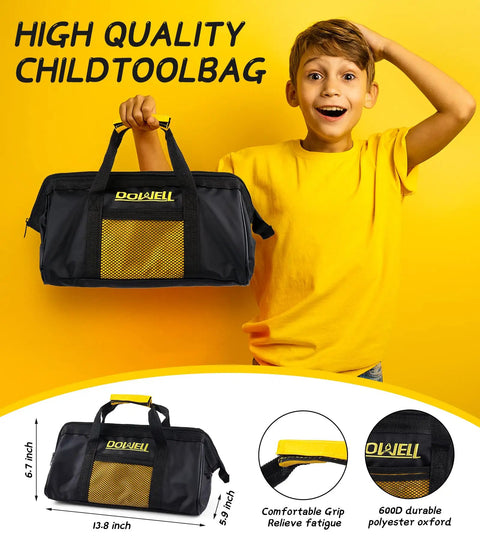 Kids Tool Set With Real Metal Hand Tools Includes Hammer Wrench Pliers Level Tape Measure Clamps Screwdrivers Safety Goggles And Tool Bag shown with child holding black and yellow tool bag