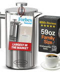 Big Batch French Press Coffee Maker That Will Not Quit Double Wall Stainless Steel Plastic Free Insulated Brewer Holds Sixteen Cups displayed with coffee cup and packaging.