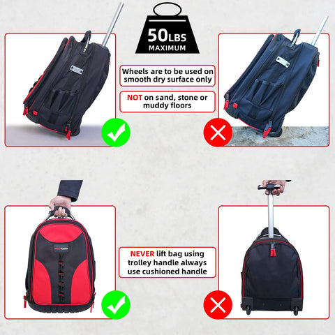Heavy Duty Rolling Tool Backpack With 14 Inch Laptop Sleeve Pro Tradesman Organizer Wheeled Tool Carrier in use instructions