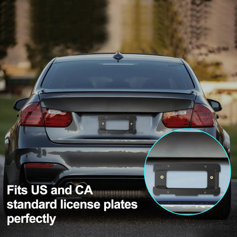 Rear License Plate Frame Bracket Mount For BMW And Mini Cooper 2005-2023 installed on a car, showing fit for US and CA plates